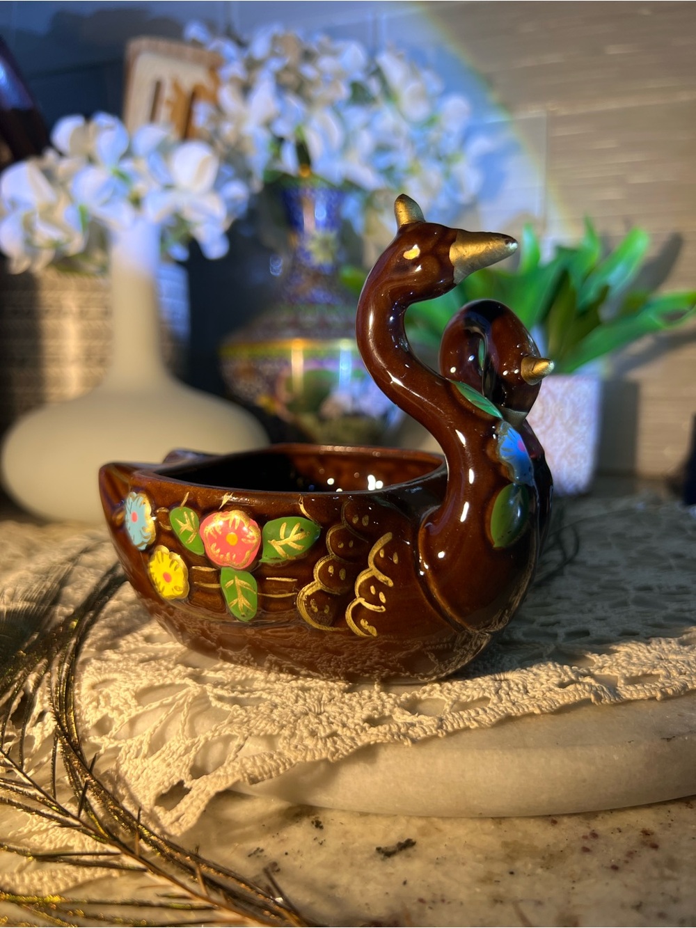 Brown Hand-Painted Ceramic Swan Planter with Floral Accents-Rare!